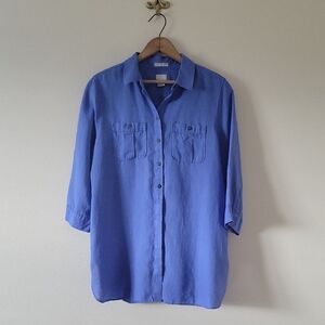 Chico's Cornflower Blue No Iron Linen 3/4 Sleeve Button Down Tunic Size Medium